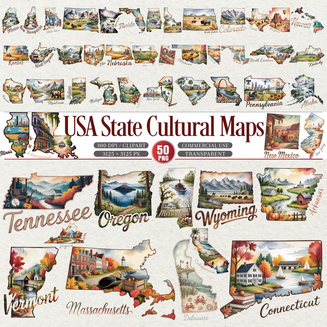 USA State Cultural Map Clipart Bundle – 50 PNG Designs