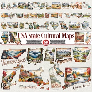 Peut inclure: Illustrations à l'aquarelle de cartes des États américains, avec des paysages et des monuments. L'image comprend le texte "USA State Cultural Maps" et des noms d'États comme "Tennessee" et "Oregon".