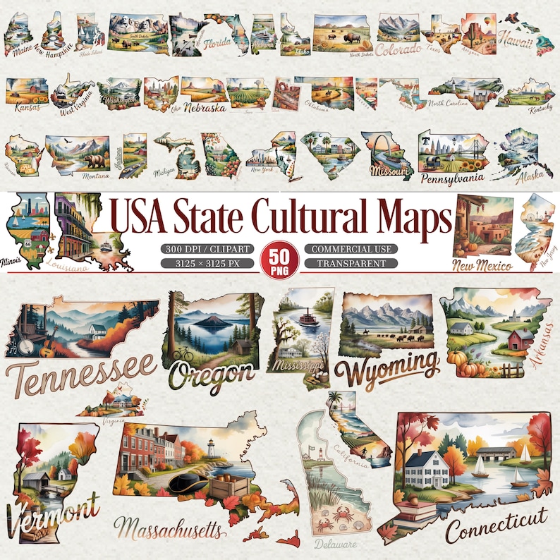May include: Watercolor illustrations of USA state maps, featuring scenic landscapes and landmarks. The image includes the text "USA State Cultural Maps" and state names like "Tennessee" and "Oregon".
