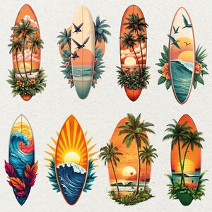May include: Eight surfboard designs with tropical sunset illustrations. Each surfboard features palm trees, ocean waves, and sunsets in orange, yellow, and blue. Decorative floral accents are included in each design, creating a vibrant collection.