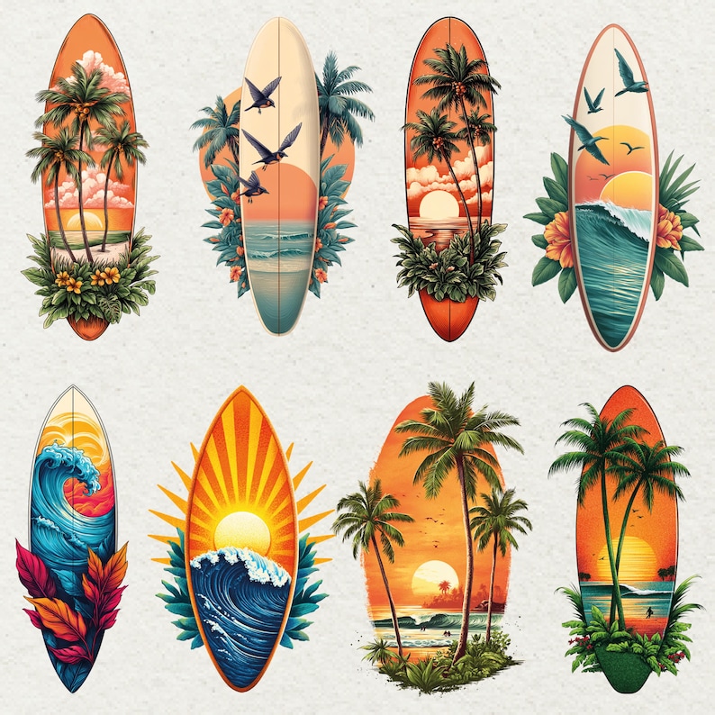 May include: Eight surfboard designs with tropical sunset illustrations. Each surfboard features palm trees, ocean waves, and sunsets in orange, yellow, and blue. Decorative floral accents are included in each design, creating a vibrant collection.