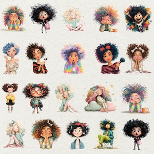 Peut inclure: Une collection d'illustrations color&eacute;es de filles aux cheveux boucl&eacute;s vibrants. Chaque fille est repr&eacute;sent&eacute;e dans une pose et une tenue uniques, avec divers accessoires et expressions. Les illustrations pr&eacute;sentent un style fantaisiste et artistique.