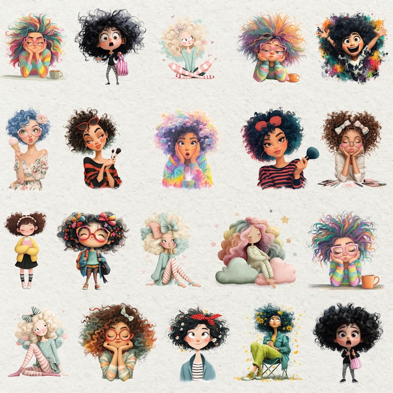 Peut inclure: Une collection d'illustrations color&eacute;es de filles aux cheveux boucl&eacute;s vibrants. Chaque fille est repr&eacute;sent&eacute;e dans une pose et une tenue uniques, avec divers accessoires et expressions. Les illustrations pr&eacute;sentent un style fantaisiste et artistique.