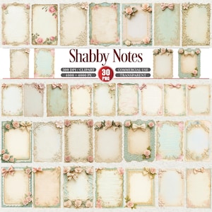 May include: A collection of 30 digital papers with a vintage, shabby chic aesthetic. Each paper features a distressed, aged look with floral and bow embellishments in soft pastel colors. The text "Shabby Notes" is displayed.