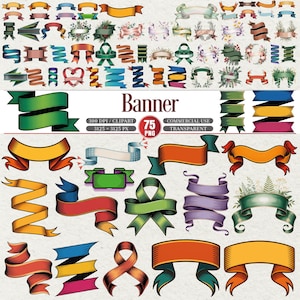 May include: A collection of 75 PNG banners in various colors and designs. The banners include ribbons, scrolls, and decorative elements. The image also includes the word "Banner" and details about the image's resolution and commercial use.