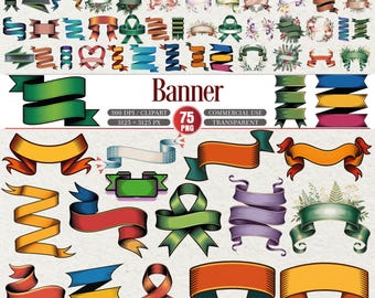 May include: A collection of 75 PNG banners in various colors and designs. The banners include ribbons, scrolls, and decorative elements. The image also includes the word "Banner" and details about the image's resolution and commercial use.