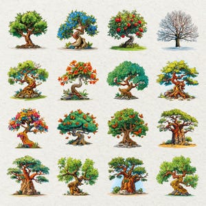 May include: A collection of colorful illustrations of various trees. Each tree features unique characteristics, including different leaf colors, fruit, and butterfly accents. The trees are depicted in a detailed, artistic style, showcasing their diverse forms.
