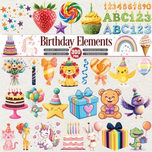 Może przedstawiać: Kolekcja kolorowych elementów graficznych o tematyce urodzinowej. Zawiera ciasta, babeczki, zwierzęta, prezenty, balony i tekst "Birthday Elements". Obraz ma 300 DPI i 4000 x 4000 pikseli.