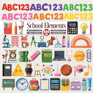 May include: A collection of colorful school-themed clip art elements. Includes ABCs, numbers, a calculator, a lightbulb, pencils, a microscope, a fox, a compass, a push pin, scissors, a protractor, an owl, a pencil sharpener, a laptop, a bunny, a sun, a notebook, a triangle, a bear, a basketball, a graduation cap, a music note, a chalkboard, a clock, a backpack, a clipboard, a calculator, crayons, a lunchbox, and a tube of lotion.