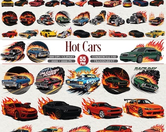 Può includere: Una collezione di 55 illustrazioni digitali di auto sportive, inclusi design classici e moderni, con fiamme e temi di corse. Le immagini presentano vari colori e stili, perfette per progetti di graphic design.