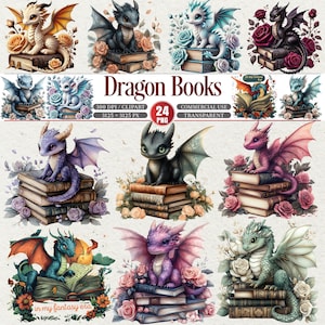以下が含まれることがあります： 24点のPNGドラゴンイラストのコレクション。各ドラゴンは、本の上に座り、花に囲まれた、気まぐれなスタイルで描かれています。「Dragon Books」のテキストが「in my fantasy era」とともに表示されています。
