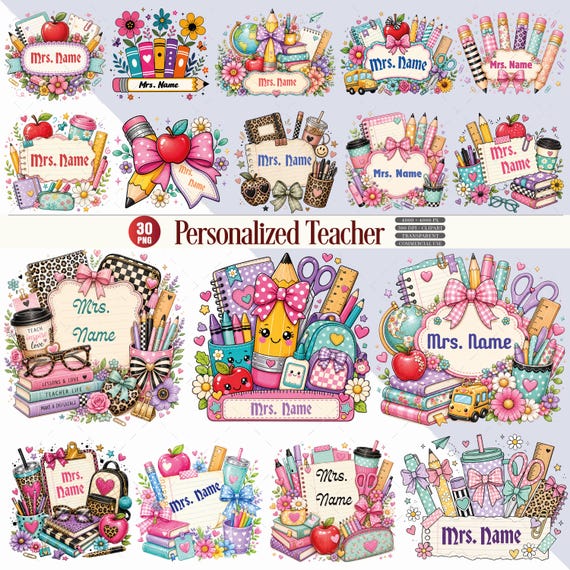 Personalized Teacher PNG Clipart Bundle, School Supplies Name Designs, 30 Graphics