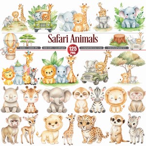 Op de afbeelding: Waterverfillustraties van safaridieren, waaronder giraffen, olifanten, leeuwen en zebra's. De afbeelding bevat de tekst "Safari Animals" en details over de grootte, resolutie en commercieel gebruik.