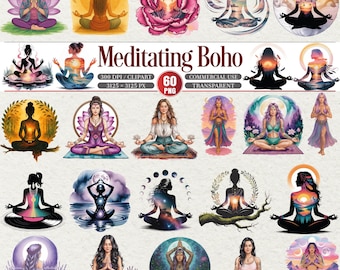 Meditating Boho Clipart Bundle Yoga Women Spiritual PNG
