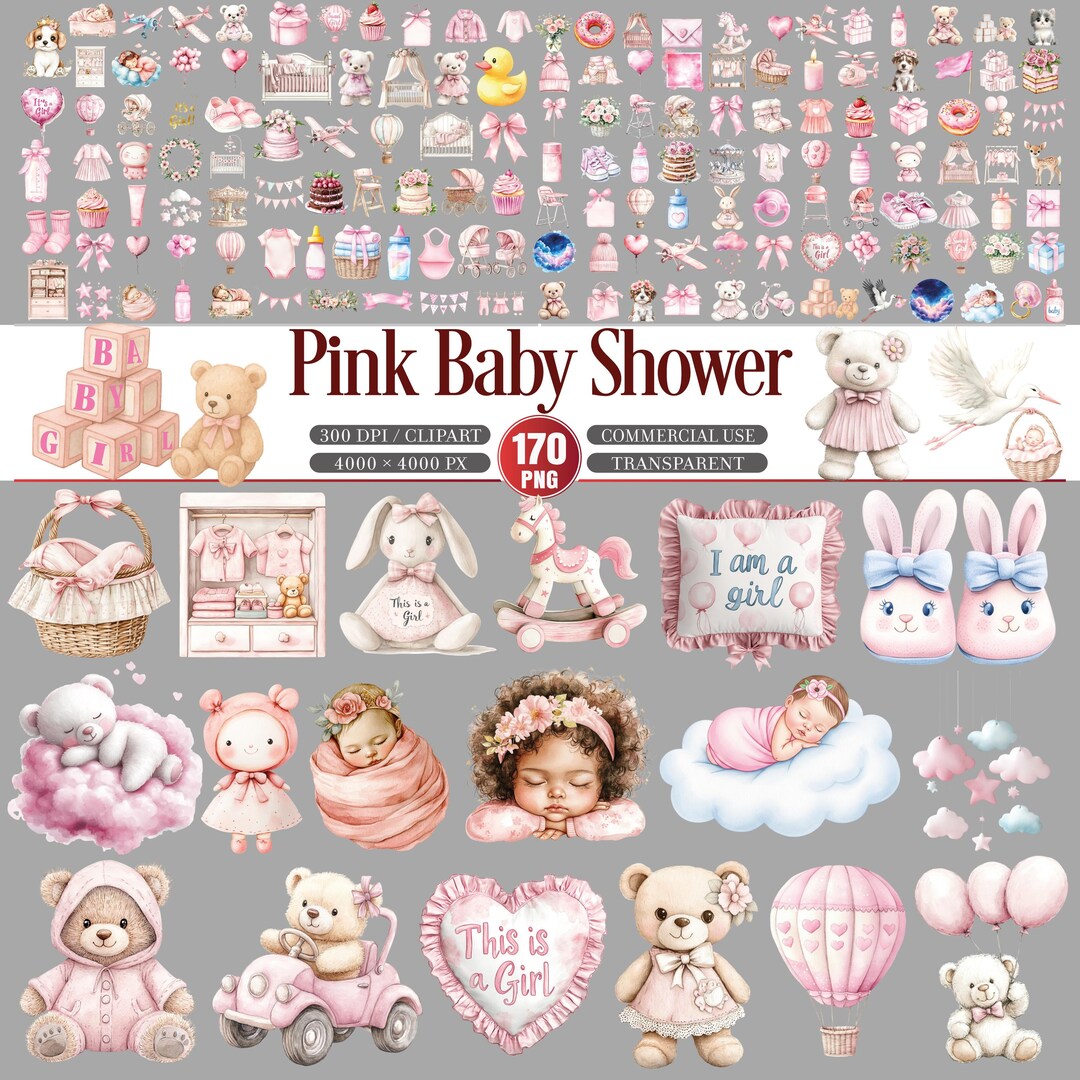 Pink Baby Shower Clipart Girl Nursery Celebration Collection PNG - Etsy