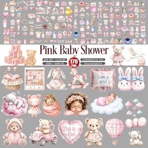 Può includere: Una collezione di illustrazioni rosa a tema baby shower. L'immagine include orsetti, coniglietti, vestiti per bambini, blocchi e palloncini. Il testo include "Pink Baby Shower", "I am a girl" e "This is a Girl".