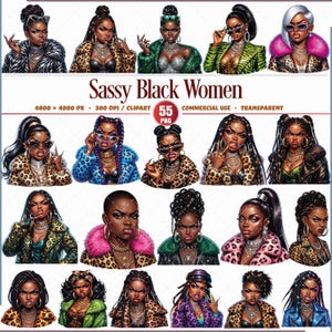 Könnte beinhalten: Digitales Clipart mit Illustrationen stilvoller schwarzer Frauen mit verschiedenen Frisuren, die Leopardenmuster, Pelz und Schmuck tragen. Der Text "Sassy Black Women" wird über den Bildern angezeigt. Das Clipart ist 4000 x 4000 Pixel groß.