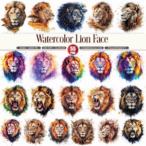 May include: A collection of watercolor lion face illustrations in various colors and styles. The text "Watercolor Lion Face" is displayed above the images, along with details about the image size, resolution, and commercial use.