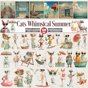 Pode incluir: Uma coleção de arte digital intitulada "Cats Whimsical Summer" com vários gatos de desenho animado em cenas de verão. Os gatos usam óculos de sol e roupas de praia, participando de atividades como surf, vela e relaxamento. A imagem inclui texto: 300 DPI/CLIPART, 4000 x 4000 PX, 135 PNG e USO COMERCIAL.