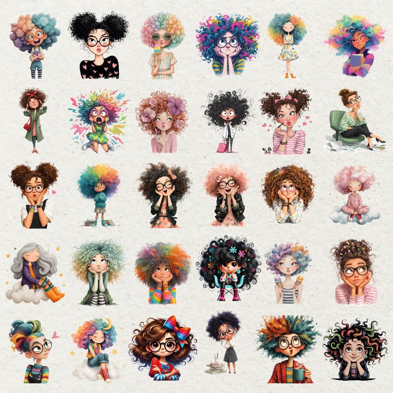 Peut inclure: Une collection d'illustrations color&eacute;es de filles aux grands cheveux boucl&eacute;s multicolores, portant des lunettes et diverses tenues. Les illustrations ont un style fantaisiste et artistique, avec un accent sur les couleurs vives et les visages expressifs.