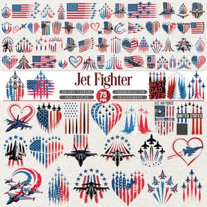 Könnte beinhalten: Eine digitale Kunstsammlung mit patriotischen Designs mit amerikanischen Flaggen, Kampfflugzeugen und Herzformen in Rot, Weiß und Blau. Enthält den Text "Jet Fighter", "Best Dad Ever" und "U.S. Air Force".