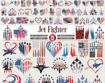 Paquete de imágenes prediseñadas patrióticas de aviones de combate: 75 diseños PNG