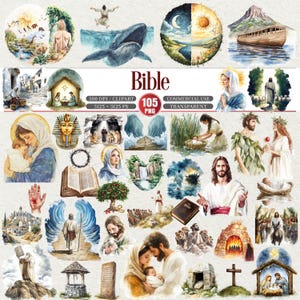 Könnte beinhalten: Eine Sammlung von Aquarellillustrationen mit religiösen Themen. Die Bilder zeigen Szenen aus der Bibel, wie Jesus, die Arche Noah und die Geburt Christi. Das Wort "Bibel" ist rot geschrieben. Die Bilder sind mit "300 DPI/CLIPART", "105 PNG" und "COMMERCIAL USE TRANSPARENT" beschriftet.