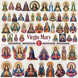 Puede incluir: Una colección de 50 imágenes prediseñadas digitales que representan a la Virgen María. Las imágenes muestran varios estilos artísticos, con colores vibrantes y detalles intrincados. El texto "Virgin Mary" se muestra de forma destacada, junto con detalles sobre la resolución de la imagen y los derechos de uso.