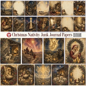 May include: A collection of 120 digital papers titled Christmas Nativity Junk Journal Papers, featuring various artistic illustrations of the nativity scene, angels, shepherds, and camels in warm, vintage-inspired tones with detailed borders.