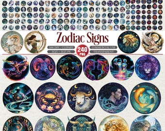 Op de afbeelding: Een verzameling van 240 PNG-clipartafbeeldingen van dierenriemtekens. Elke afbeelding is een cirkelvormig ontwerp met kleurrijke illustraties van astrologische symbolen, waaronder Ram, Stier, Tweelingen, Kreeft, Leeuw, Maagd, Weegschaal, Schorpioen, Boogschutter, Steenbok, Waterman en Vissen.