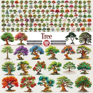 Puede incluir: Una colección de arte digital de 160 ilustraciones de árboles en varios estilos y colores. La imagen incluye una variedad de tipos de árboles, desde primeros planos detallados hasta vistas desde arriba, con la palabra "Tree" en el centro.