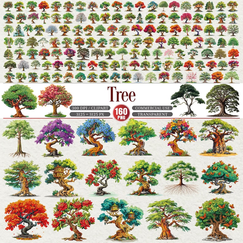 May include: A digital art collection of 160 tree illustrations in various styles and colors. The image includes a variety of tree types, from detailed close-ups to top-down views, with the word "Tree" in the center.