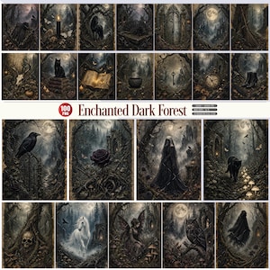 Puede incluir: Una colección digital de 100 archivos PNG titulada Enchanted Dark Forest, que presenta ilustraciones oscuras y atmosféricas de paisajes góticos, gatos negros, calaveras, cuervos, criaturas místicas y ruinas antiguas en bosques iluminados.