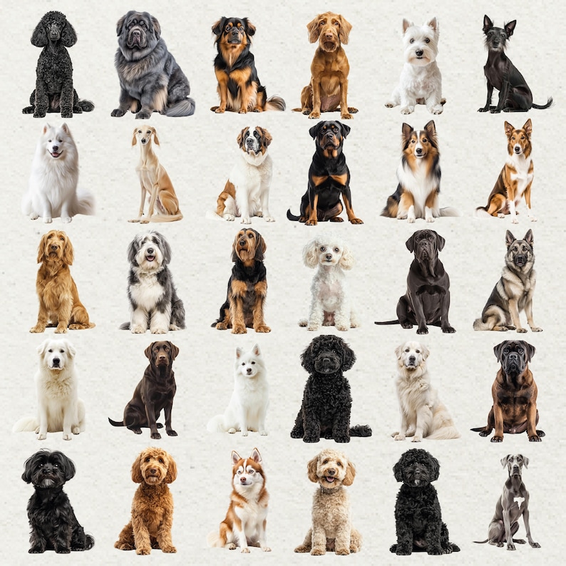 May include: A collection of various dog breeds, each in a seated position. The dogs vary in size, color, and coat type, including breeds like Poodles, Rottweilers, and Huskies. The image is a studio shot with a neutral background.