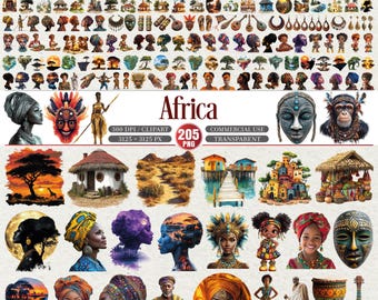 African Clipart Bundle Tribal Masks Safari Animals Women Portrait PNG