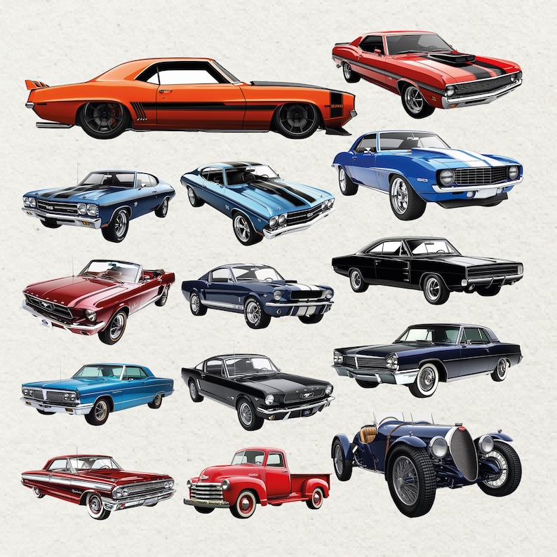 May include: An illustration of a selection of classic cars in various colours, including red, orange, blue, and black. The image features a variety of vintage automobiles, such as muscle cars, convertibles, and a pickup truck. The cars are depicted in a stylized manner.