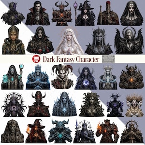 Puede incluir: Una colección de 100 archivos PNG digitales con personajes de fantasía oscura, incluyendo guerreros blindados, figuras encapuchadas, brujas y seres míticos con elementos mágicos brillantes, presentados en una cuadrícula con el texto Dark Fantasy Character.