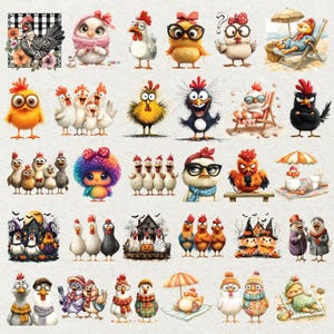 May include: A collection of whimsical chicken illustrations in various poses and styles. Some chickens wear glasses, scarves, and hats. Others are depicted in beach scenes or with Halloween themes. The color palette includes yellow, orange, white, and black.