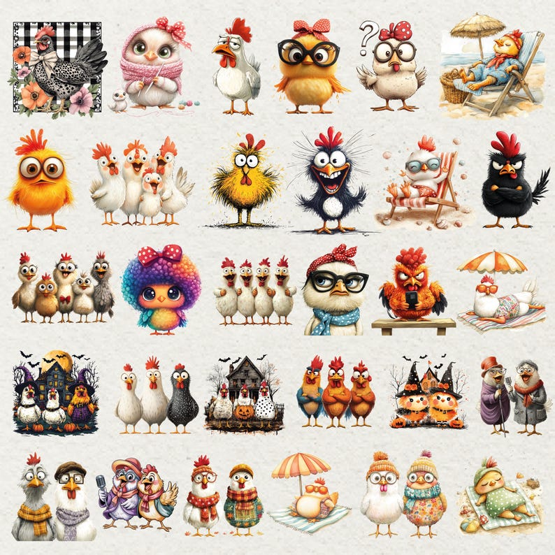 May include: A collection of whimsical chicken illustrations in various poses and styles. Some chickens wear glasses, scarves, and hats. Others are depicted in beach scenes or with Halloween themes. The color palette includes yellow, orange, white, and black.