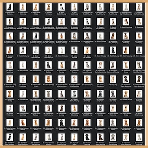 May include: A grid of 60 dog breed images, each in a small white rectangle against a tan background. Breeds include Afghan Hound, Alaskan Malamute, Australian Cattle Dog, Beagle, Border Collie, and more. Each image is labeled with the breed name.
