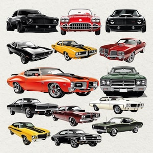 May include: An illustration featuring twelve classic muscle cars in a variety of colours, including black, red, yellow, and green. The cars are shown from different angles, highlighting their unique designs. The image has a vintage, illustrative style.