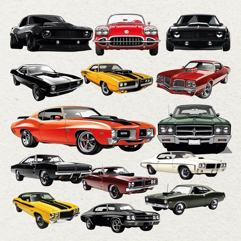 May include: An illustration featuring twelve classic muscle cars in a variety of colours, including black, red, yellow, and green. The cars are shown from different angles, highlighting their unique designs. The image has a vintage, illustrative style.