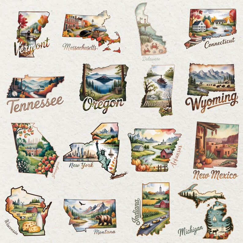 May include: Watercolor illustrations of U.S. states, each in its geographical shape. The artwork depicts scenes like landscapes, landmarks, and local flora. States include Vermont, Massachusetts, Delaware, Connecticut, Tennessee, Oregon, Mississippi, Wyoming, Georgia, New York, Arkansas, New Mexico, Wisconsin, Montana, Indiana, and Michigan.