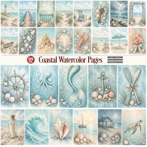 Puede incluir: Una colección de ilustraciones en acuarela costera con faros, conchas, sirenas, anclas y escenas náuticas. El texto Coastal Watercolor Pages se muestra de forma destacada. Estos recursos digitales incluyen 120 archivos PNG.