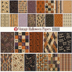 May include: A collection of 115 digital papers featuring vintage Halloween patterns including black cats, pumpkins, bats, skeletons, coffins, moons, and floral motifs in orange, black, purple, and cream. Text reads Vintage Halloween Papers.