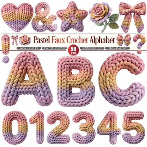 Pastel Faux Crochet Alphabet Clipart PNG, Yarn Style Letters Pattern