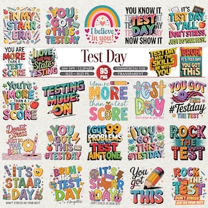 Könnte beinhalten: Eine Sammlung farbenfroher digitaler Designs mit Text zum Thema Testtag. Die Designs enthalten Sätze wie "Du schaffst das", "Kein Stress" und "Testmodus an". Die Bilder zeigen Bleistifte, Äpfel und Regenbogen.