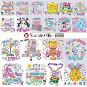 Puede incluir: Una colección de 65 coloridas ilustraciones digitales de clipart con diseños sarcásticos de oficina, incluyendo textos como 'Please hesitate to reach out to me', 'Running on caffeine', 'Aspiring retirees' y 'CEO of dumpster fires'.
