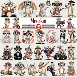 May include: A digital illustration showcasing a variety of cartoon meerkats in different scenarios. Some meerkats are depicted playing instruments, riding bicycles, or dressed in superhero costumes. The word "Meerkat" is prominently displayed.