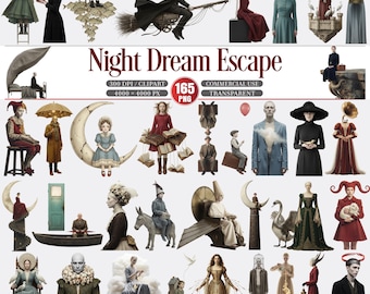 May include: A digital collage titled "Night Dream Escape" featuring various surreal illustrations. The artwork includes figures in whimsical attire, a witch on a broom, and a girl with books. The image also contains the text "300 DPI/CLIPART", "165 PNG", "COMMERCIAL USE", and "TRANSPARENT".